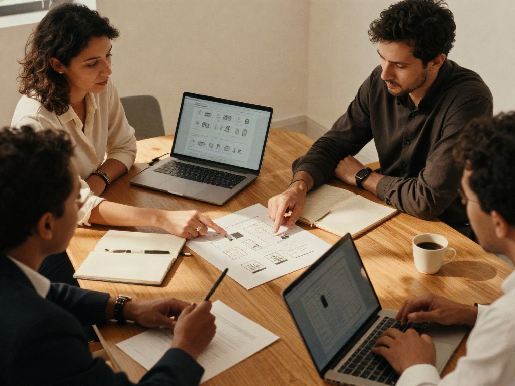 A collaborative business strategy session around a table with reports and a laptop
