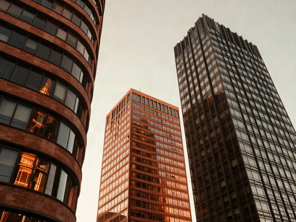 Sculptural office buildings illuminated by warm sunlight, seen from a fresh perspective